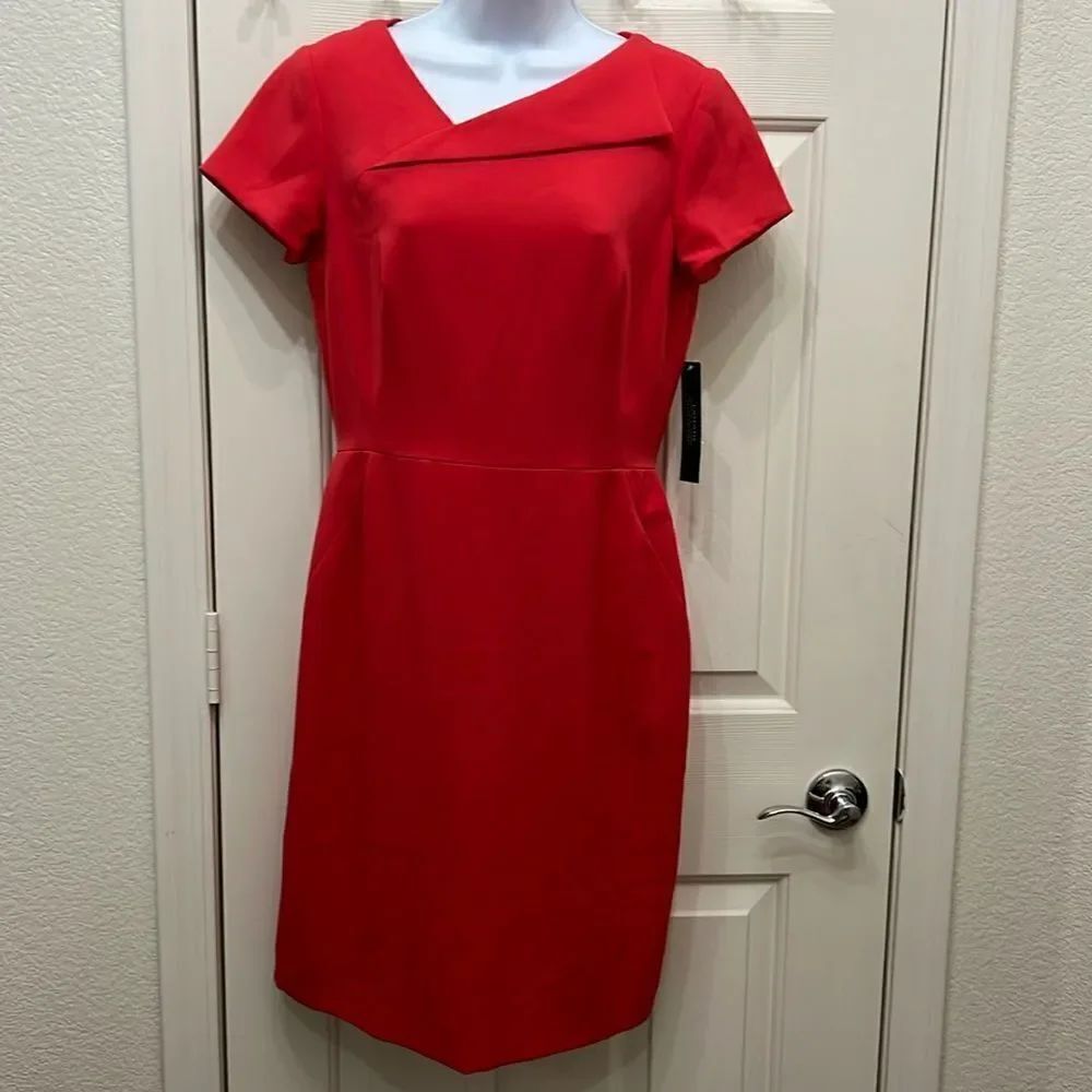 Tahari Red Dress Sz 6p Christmas Red Short Sleeve Midi Zipper Back Lined New